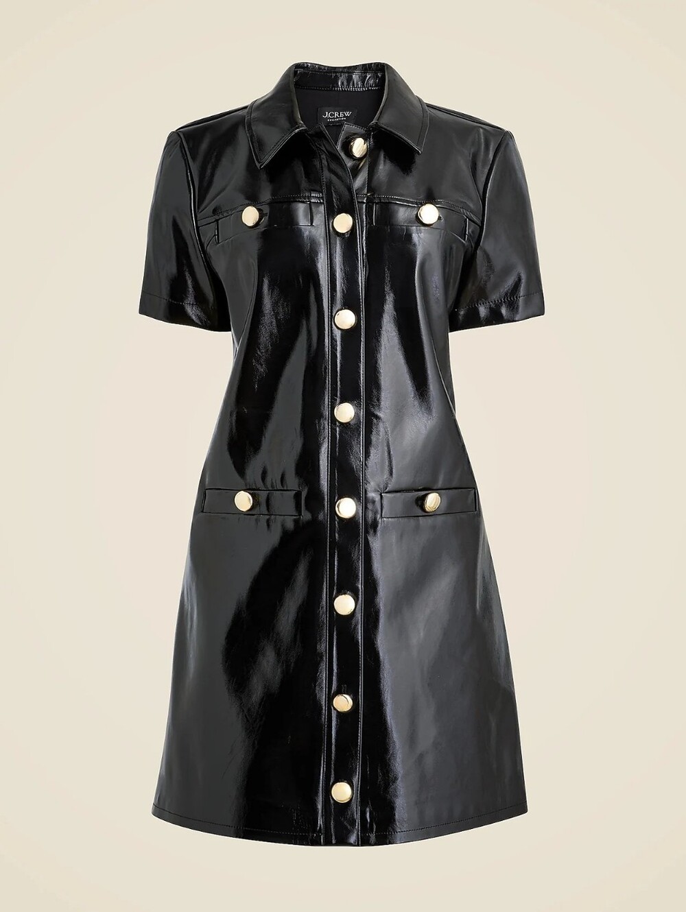J. Crew Shiny Black Short-Sleeve Faux Leather Button Front Dress